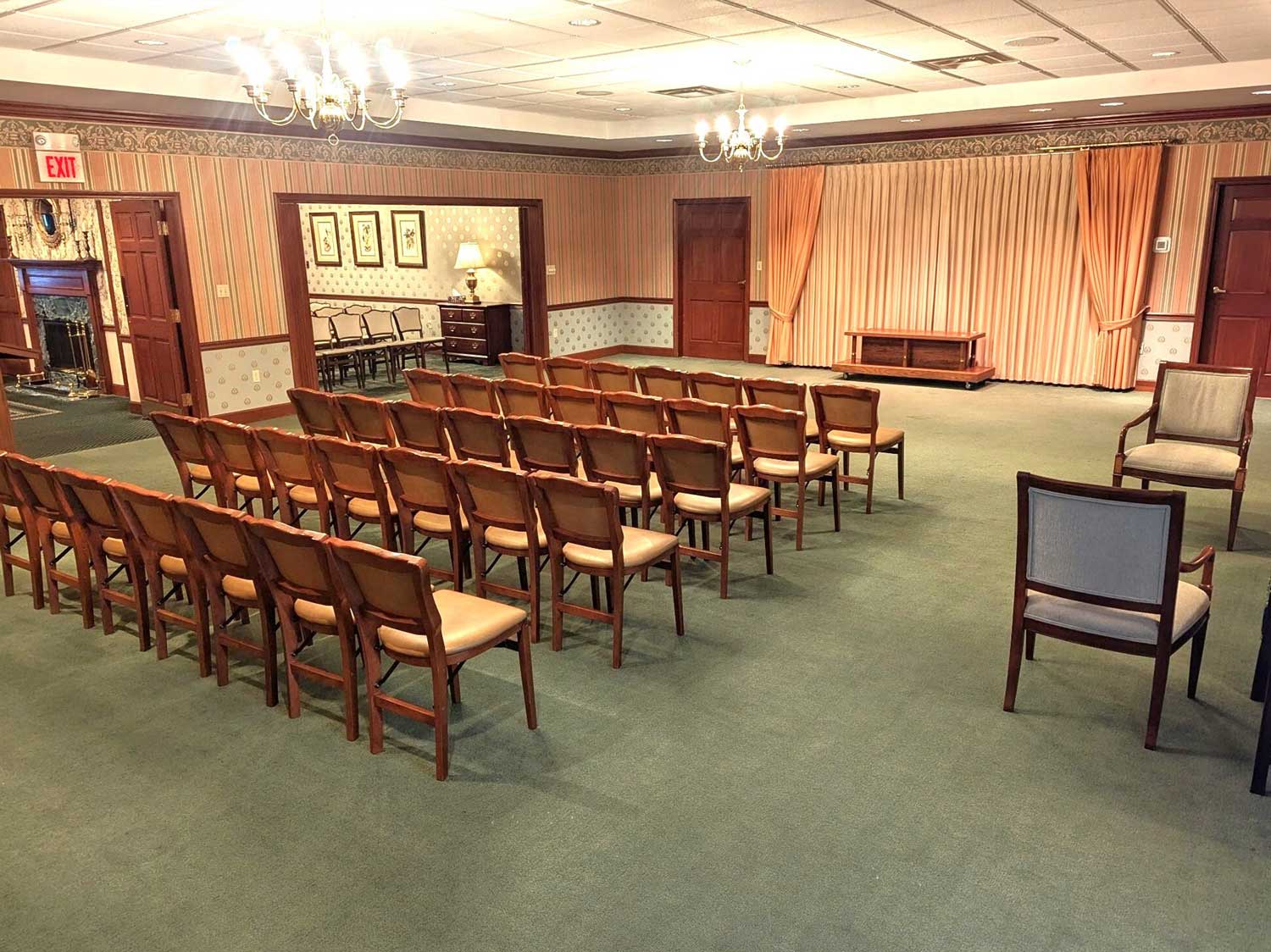 The south side chapel viewed from the rear and showing the casket stand in front.